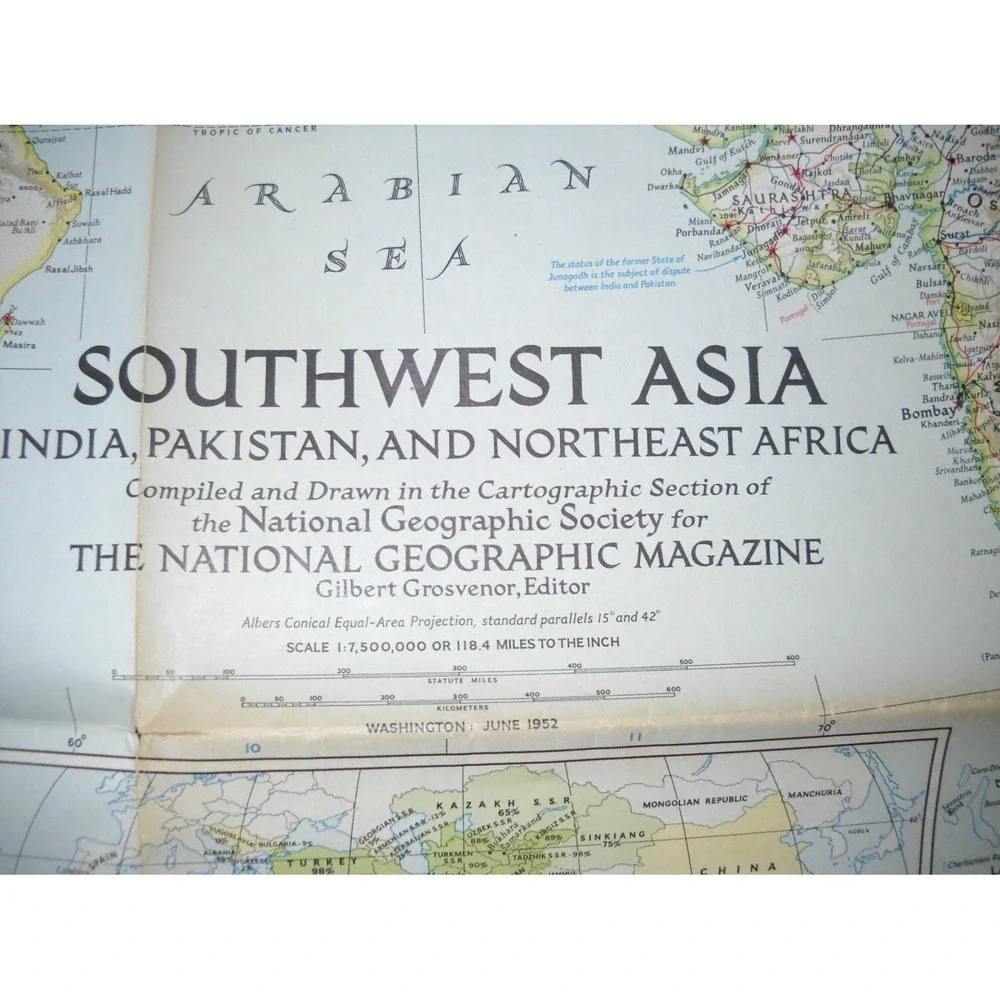 1952 Vintage National Geographic Map Southwest Asia, June 1952